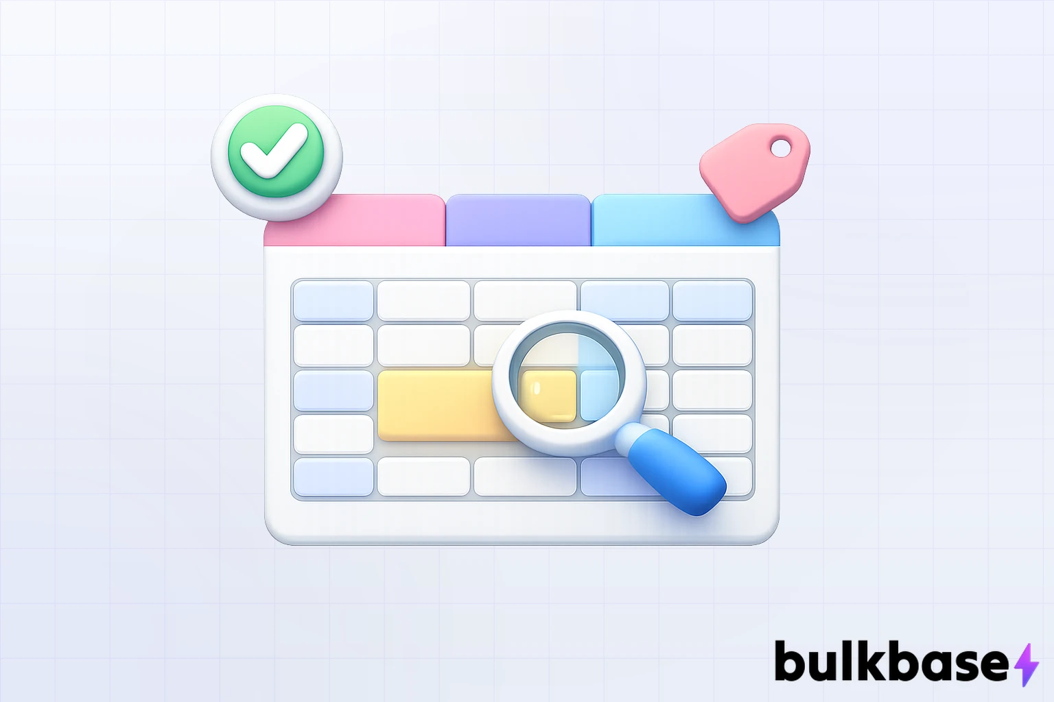 Minimalist 3D clay illustration of a spreadsheet card with one highlighted cell and a small magnifying glass resting on it, representing catalog data enrichment from a CSV source.