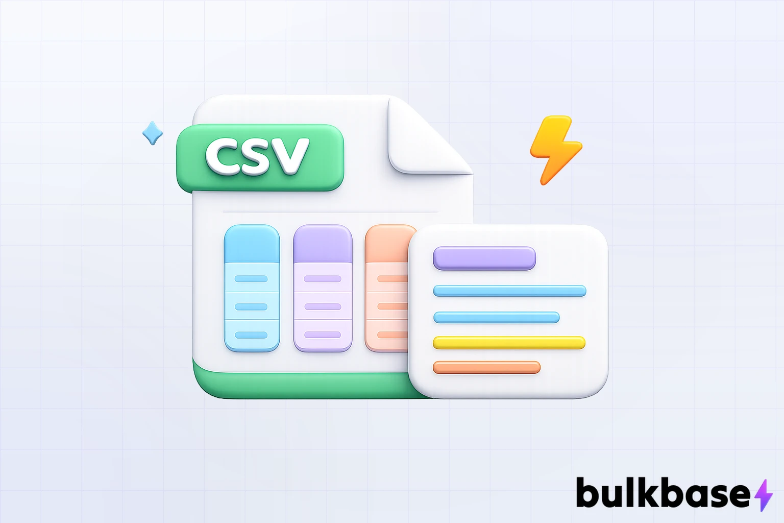 Claymorphism 3D illustration of a CSV file card with column lines feeding a generated product description card