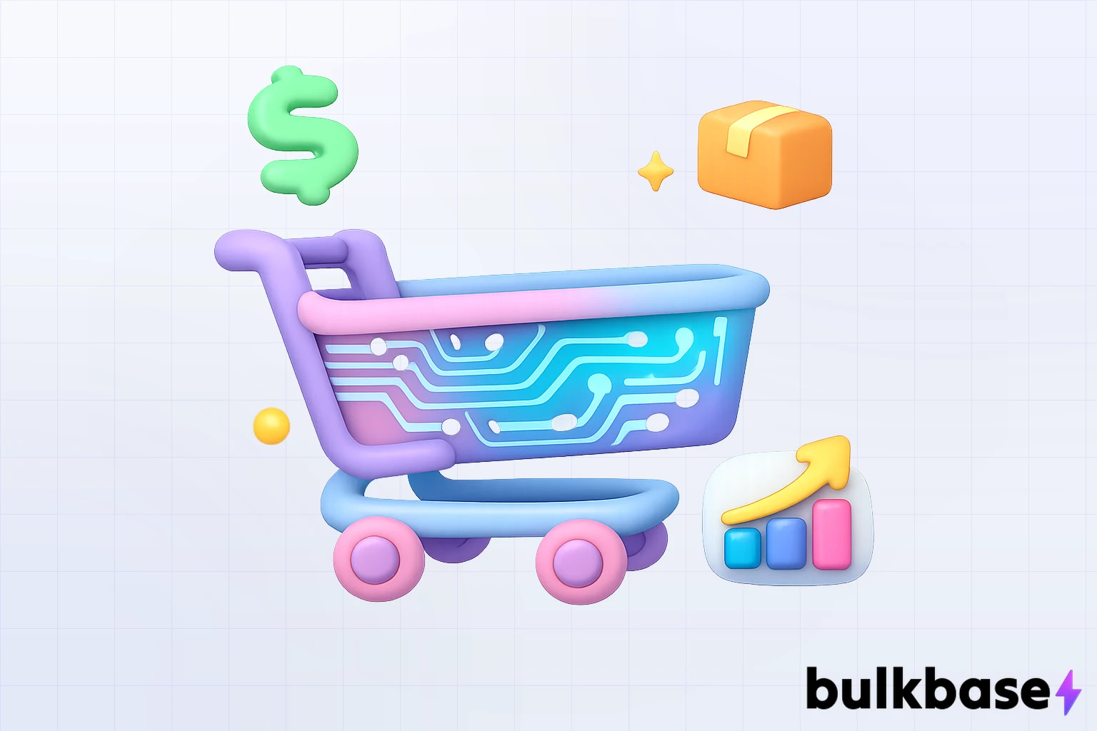 3D claymorphism illustration of a shopping cart with glowing AI circuit patterns, symbolizing agentic commerce — the convergence of AI agents and e-commerce