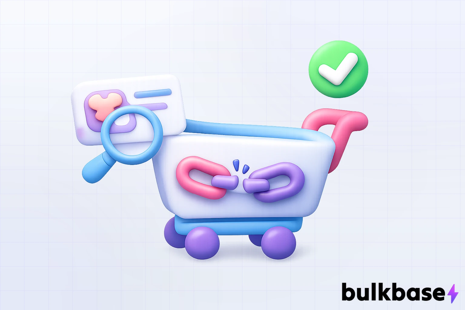 3D claymorphism illustration of a shopping cart icon with a broken chain link, symbolizing failed in-chat checkout, with a magnifying glass over a product data card and a checkmark badge
