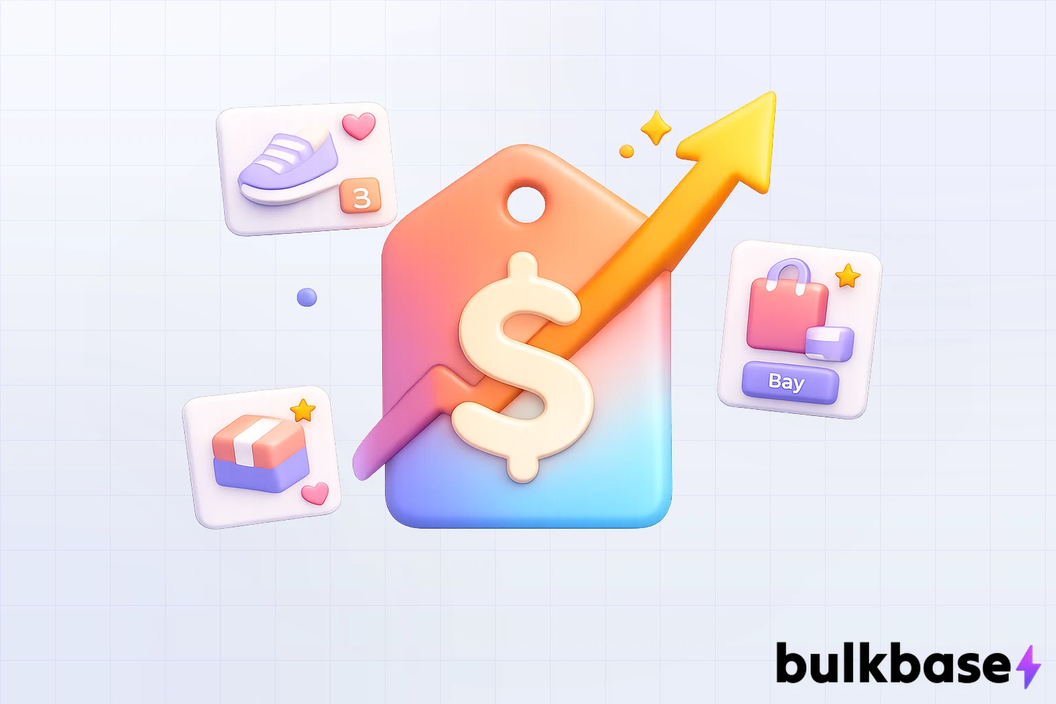 3D claymorphism illustration of a glowing price tag pierced by a sharp upward arrow, with tiny floating e-commerce product cards, representing AI content cost uncertainty
