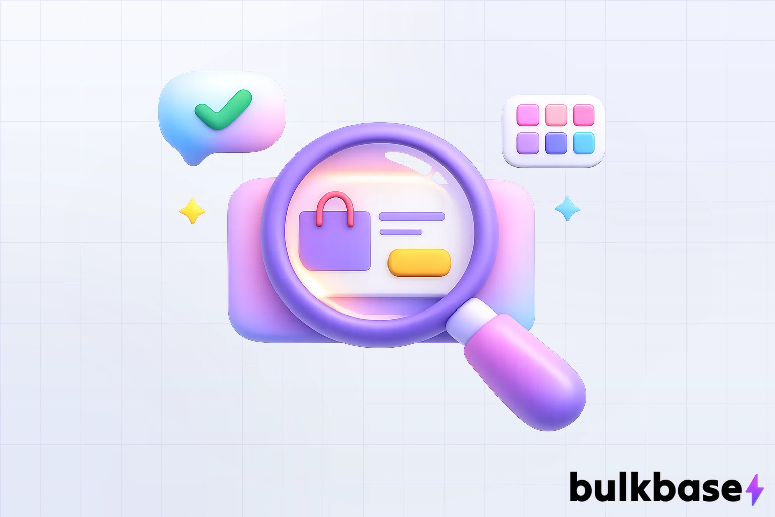A minimalist claymorphism 3D illustration of a magnifying glass over a glowing product card, symbolizing AI search discovery for ecommerce, with two floating elements: a chat bubble with a checkmark and a data grid representing structured product feeds