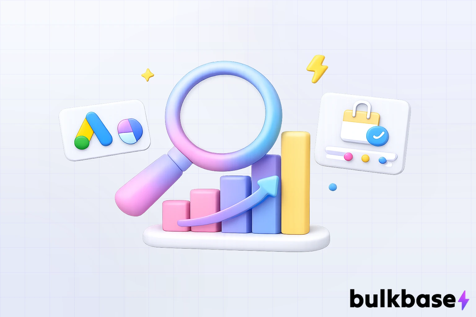 3D claymorphism magnifying glass hovering over a rising bar chart, with two floating Google Ads UI cards, representing AI-powered ad analytics and reporting tools