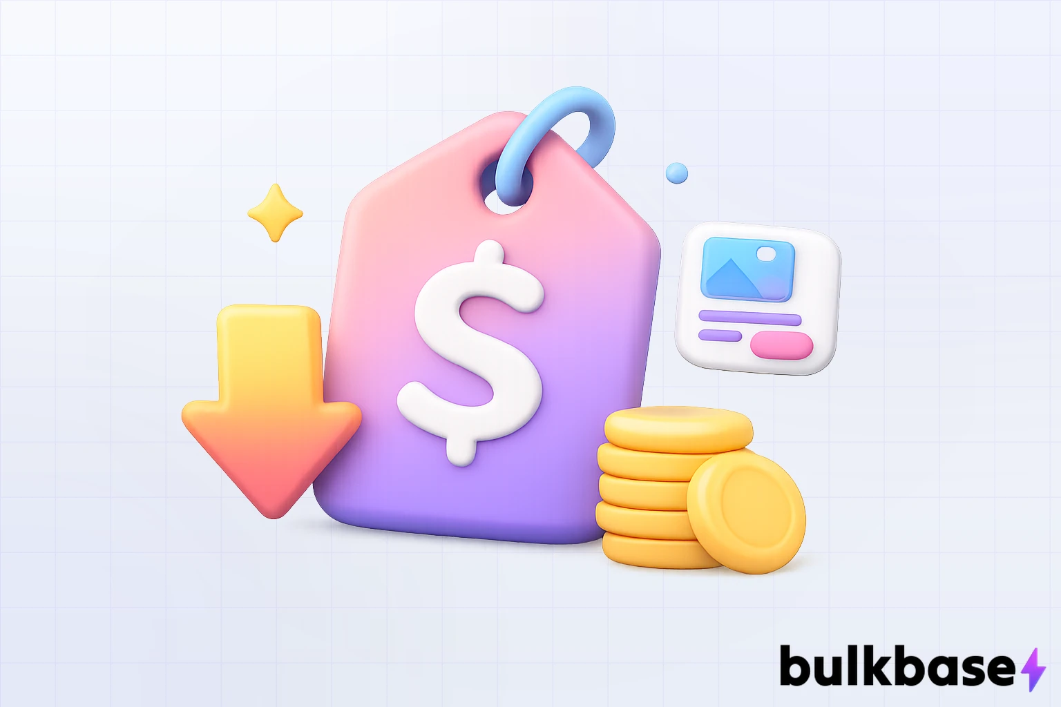 3D claymorphism illustration of a clay price tag with a downward arrow beside a stack of clay coins and a tiny floating product card, representing lower GPT-6.1 Sol API pricing