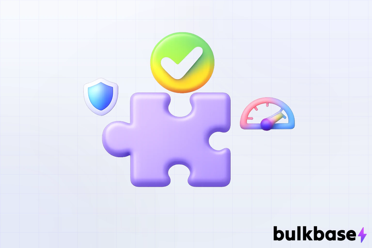 3D claymorphism illustration of a puzzle piece with a checkmark badge, shield icon, and speed gauge, symbolizing the Magento plugin evaluation framework: compatibility, security, performance, vendor quality, and pricing for store owners