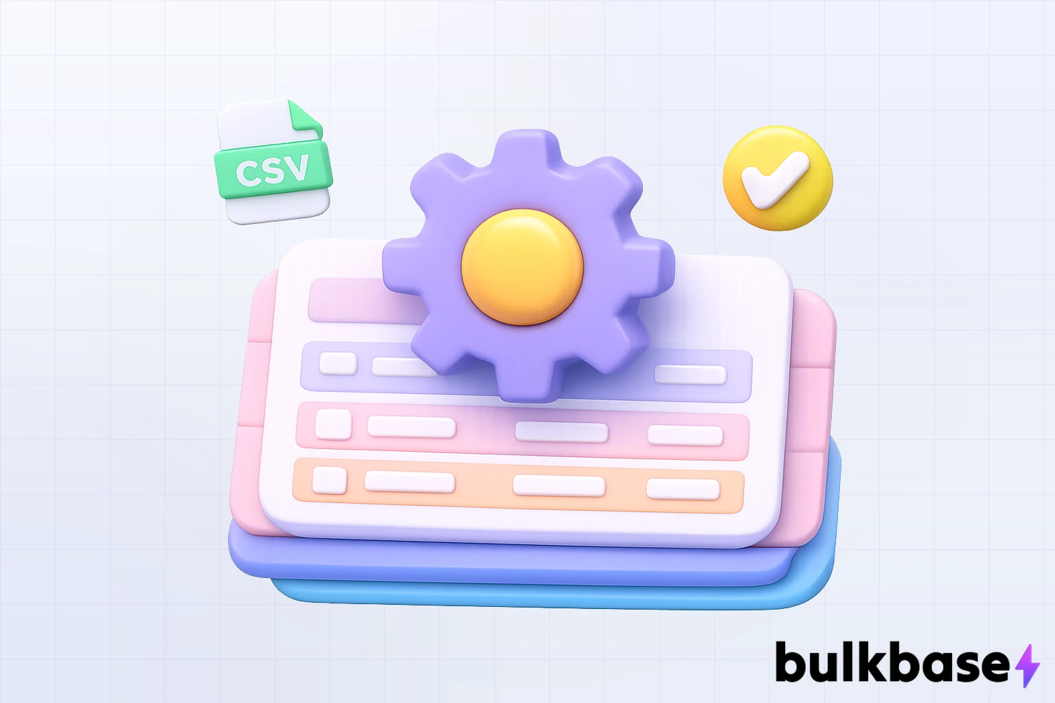 3D claymorphism illustration of a product grid card stack with a gear icon on top, representing Magento bulk product editing, with floating CSV and checkmark elements