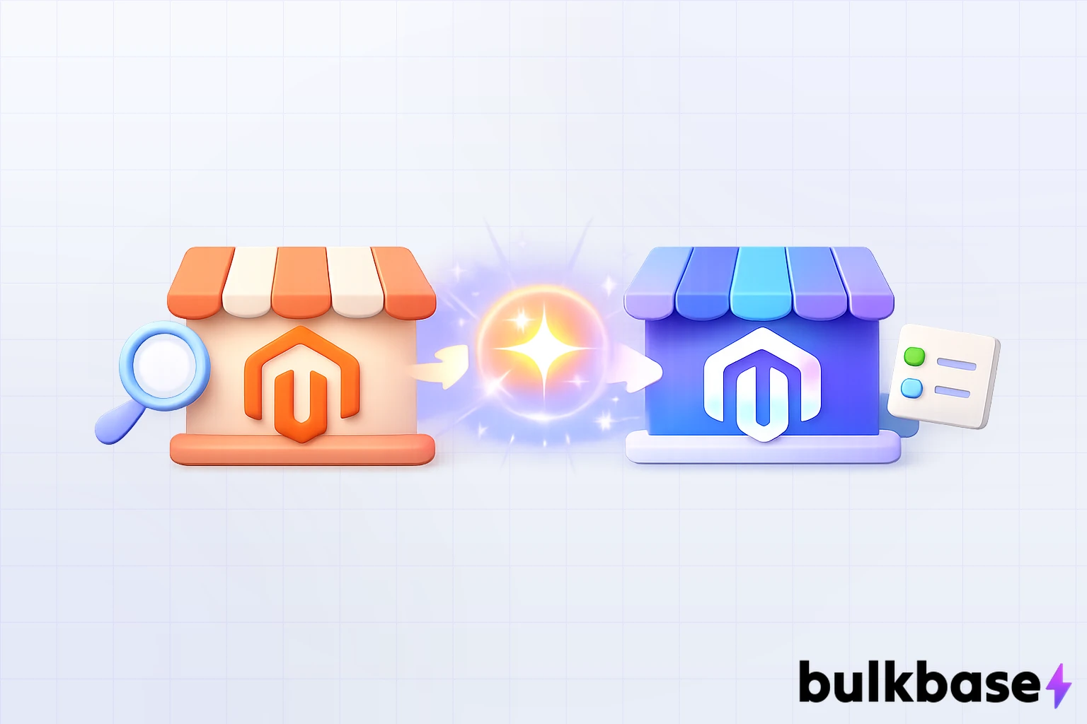 AI-assisted Magento EOL migration workflow diagram showing content audit, rewrite, and SEO preservation steps