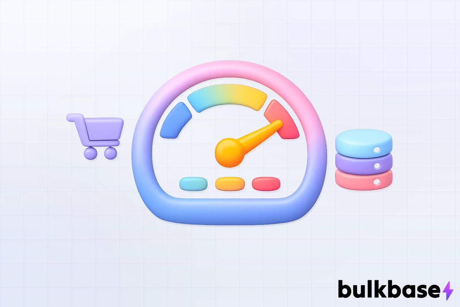 Minimalist claymorphism 3D illustration of a speedometer gauge with a floating shopping cart icon and server discs, representing Magento speed optimization