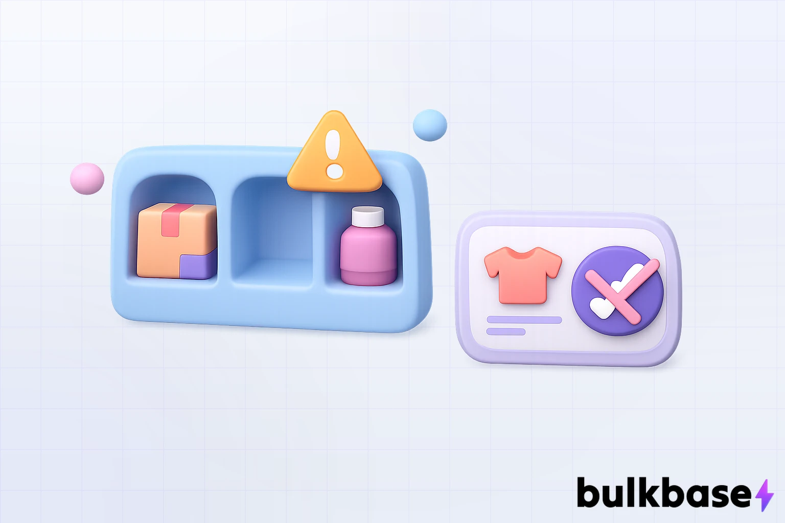 Claymorphism 3D illustration of a pale blue inventory shelf with one empty slot marked by a small warning triangle, beside a product card showing a crossed-out checkmark, representing a stale stock availability value in a product feed.