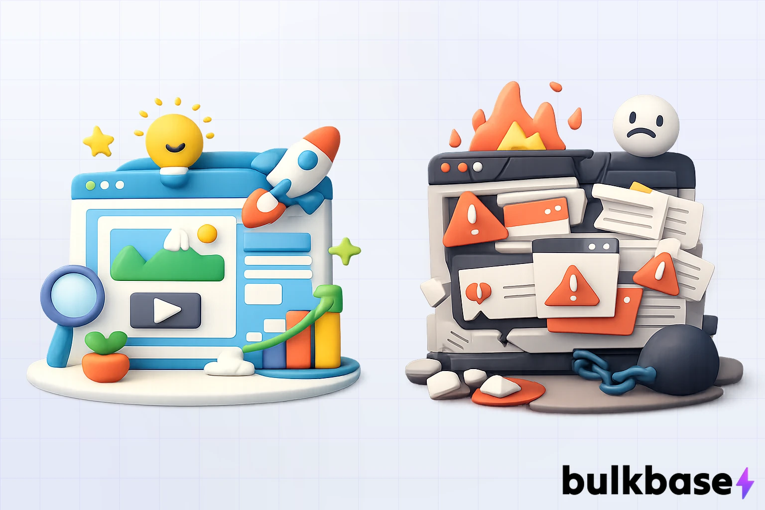 Conceptual illustration contrasting a thriving, high-quality website with a penalized, spammy website