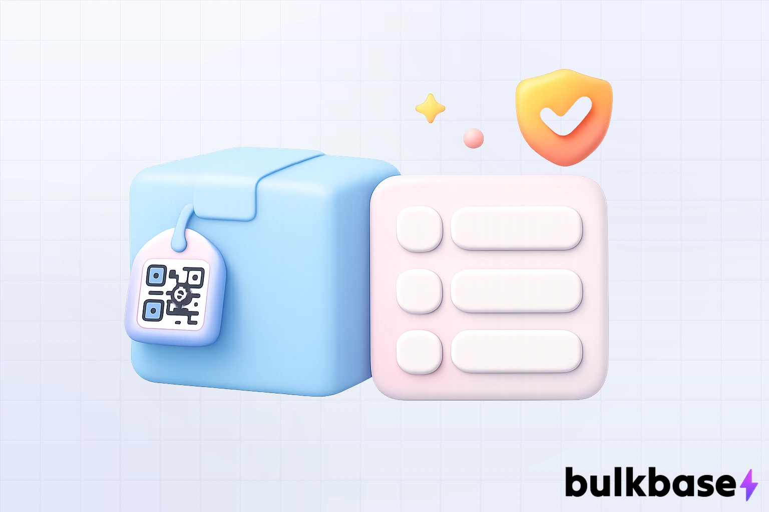 Claymorphism 3D illustration of a pale blue shipping parcel with a small QR-code tag, beside a clay checklist card with three empty rounded slots, representing EU product identifier readiness before 1 November 2026.